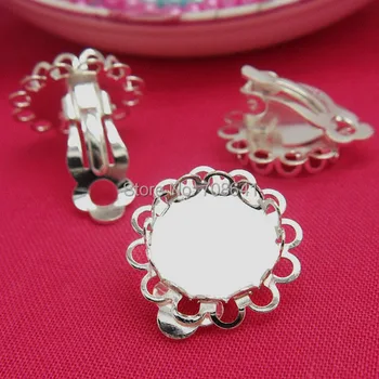 

Blank Earrings Bases Settings with Double Round Hollow Lace Bezel Cabochon Clip Earrings Crafts DIY Findings Silver Plated