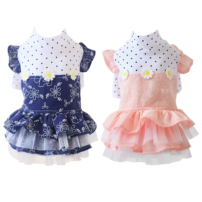 

Pet Dog Polka Dot Printed Dress Spring Summer Cotton Clothes Flower Gauze Tutu Dress For Dog Girls Pet Floral High Neck Dress