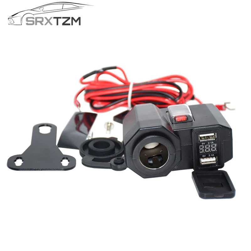 

SRXTZM Car Motorcycle 2USB Cable Adapter Dual Port Power Socket Smart Phone Tablet GPS Charger LED Voltmeter 12V Cigarette Light