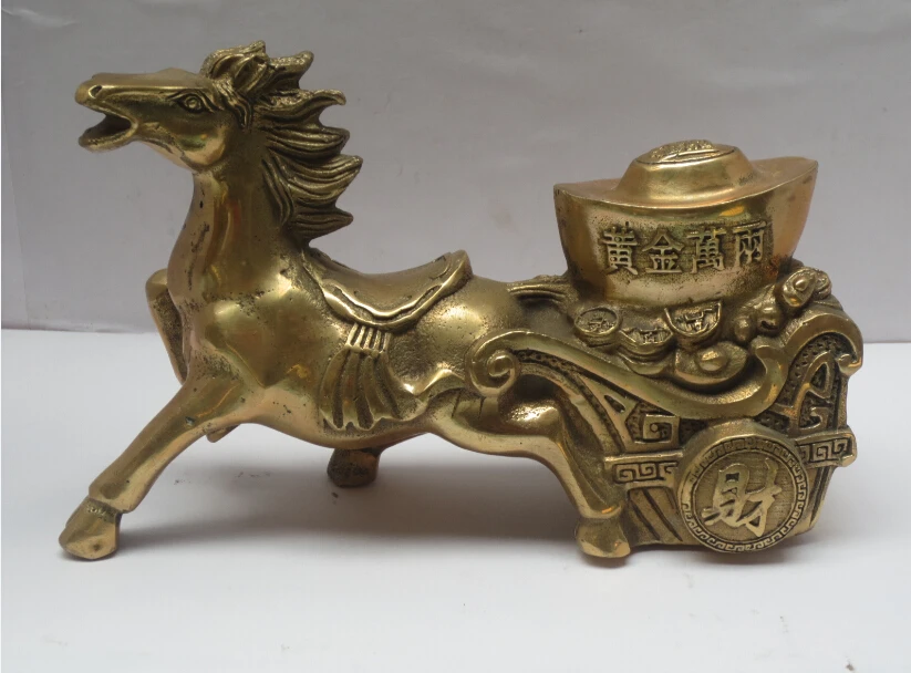 

Metal crafts Home Decoration Chinese brass Carved Horse Pulling Wealth Money Statue/Scupture gift 02