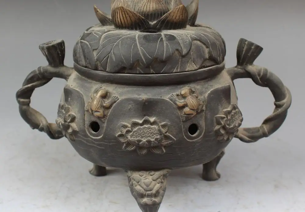

free shipping 10" Collect Chinese Bronze Lotus Lion Beast Frog incense Burner Censer Statue