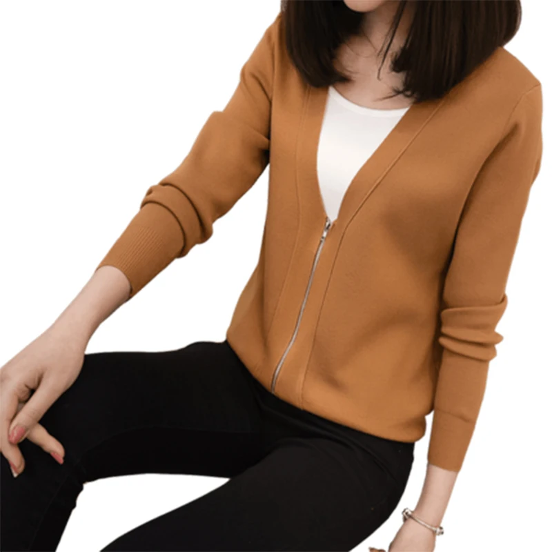 

2018 Spring Autumn Women's V-Neck Knitted Sweater Cardigan Female Long Sleeve Short Knitted Sweater Outwear with Zipper F550
