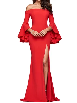 

REPHYLLIS Fashion Split Wedding Prom Robe Ceremony Vestidos Women Backless Off Shoulder 2/3 Ruffle Sleeve Long Formal Dress