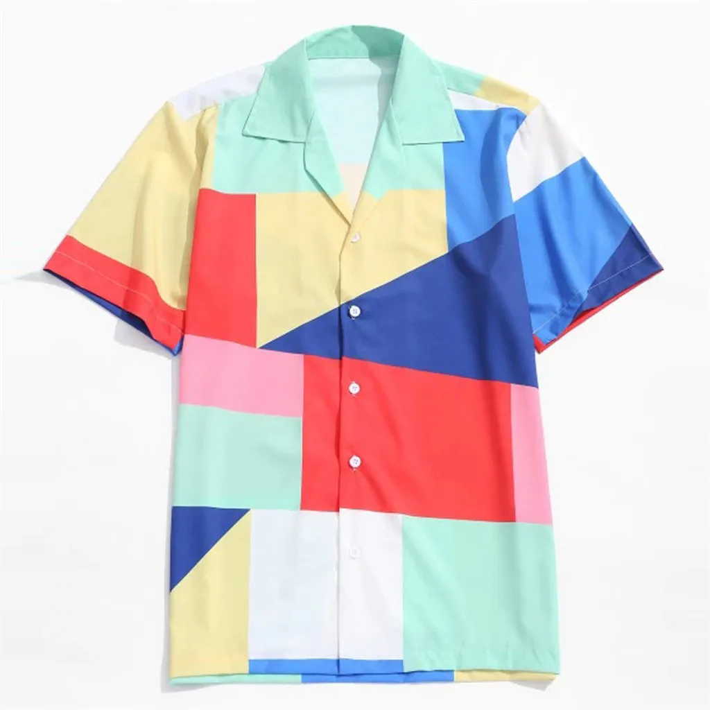

Feitong Mens Summer Fashion Lapel Geometric Colorblock Print Short Sleeve Hawaiian Shirt
