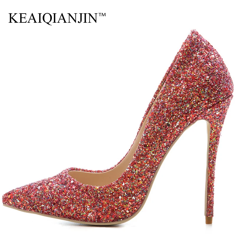 

KEAIQIANJIN Woman Plus Size 33 43 Glitter Shoes Sexy Stiletto Golden Silver Valentine Shoes Bling Blue Pointed Toe Wedding Pumps