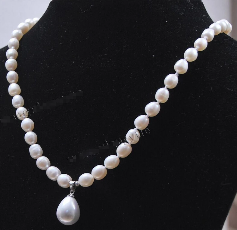 

7-8MM White Akoya Cultured Pearl/ Shell Pearl Pendant(12x16MM) Necklace@^Noble style Natural Fine jewe FREE SHIPPING ##a #a