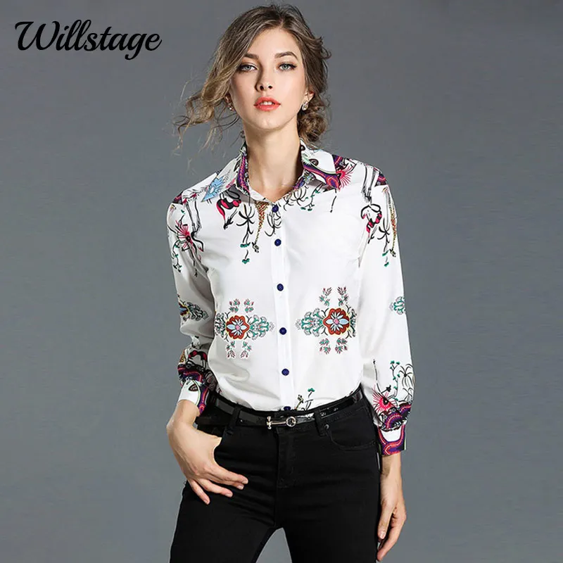 Willstage White Shirts Floral Printed Pattern Blouse Women Animal ...