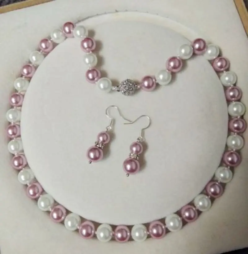 

10mm White / Purple Akoya shell Pearl Round Beads Necklace + Earrings Set AAA