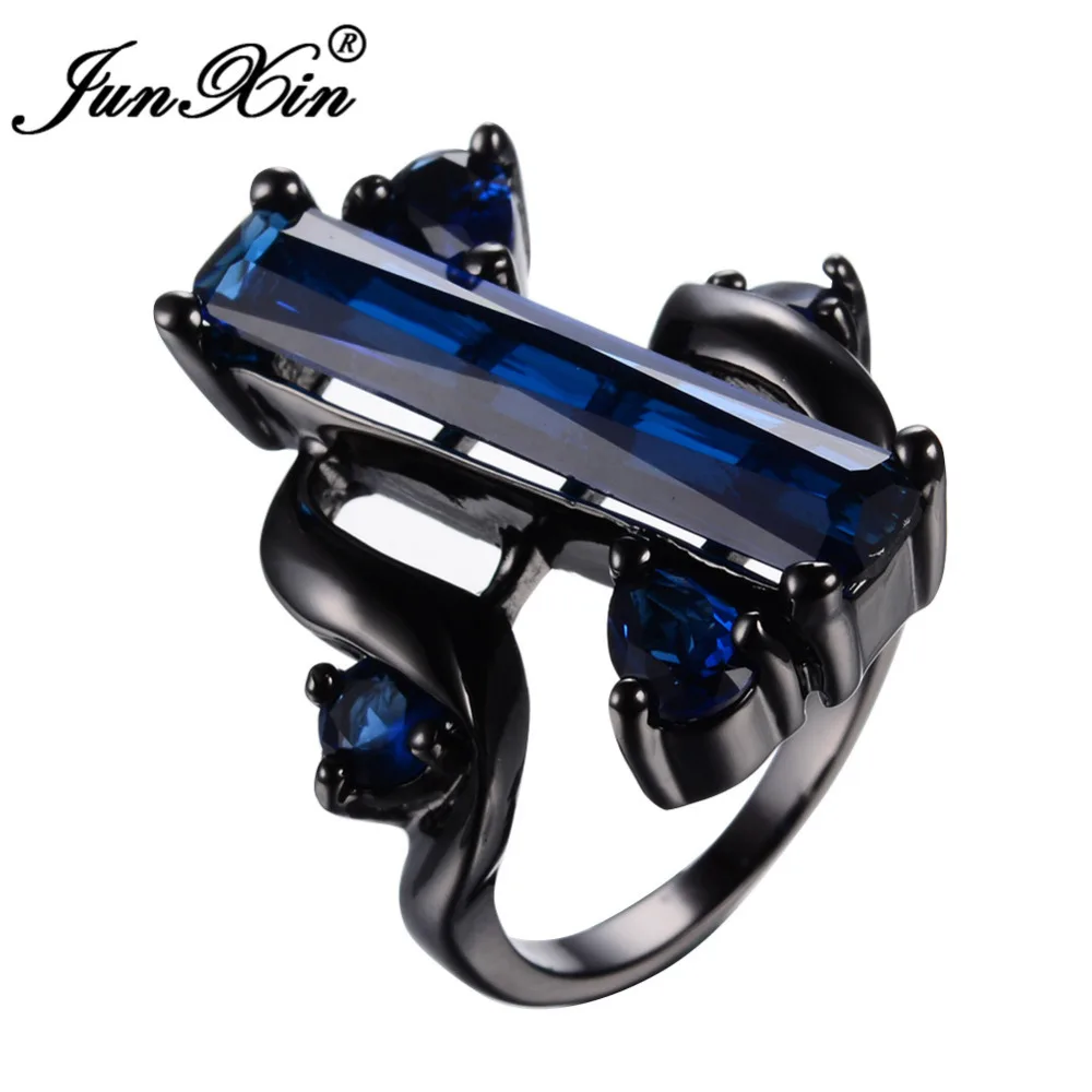 

JUNXIN Blue Jewelry Zircon Stone Rings For Women Men Black Gold Filled Wedding Party Ring Birthday Gift Hot Sale