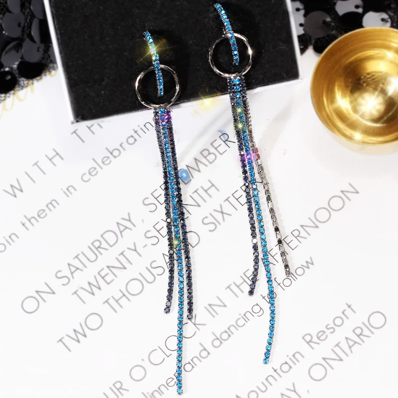 DREJEW Korean Long Tassel Statement Circle Earrings 925 Gold Silver Blue Rose Alloy High Street Fashion Drop Earrings for Women