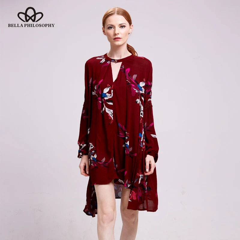 2016 spring new women cotton&linen print casual long sleeve O neck red