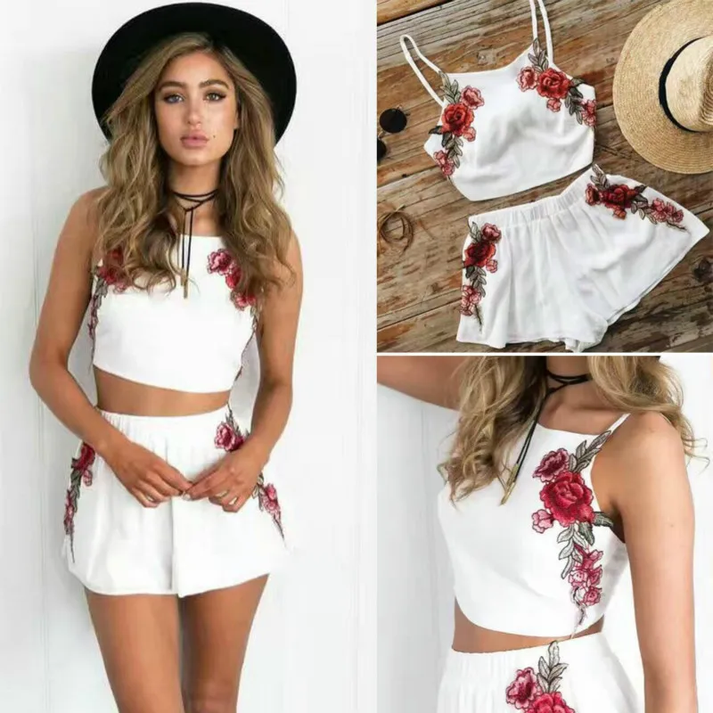 

ZOGAA Women Summer Sexy White Two Piece Set Floral Embroidered Strapless Crop Top and Elastic Waist Shorts Suit Women 2 Pc Sets