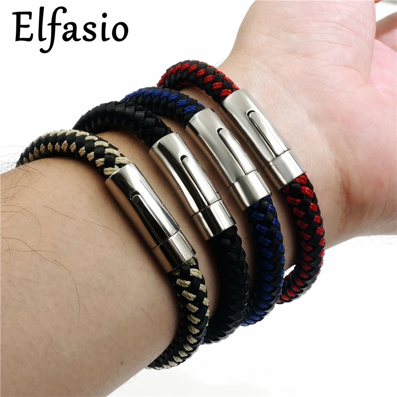

8MM Men's Genuine Leather & Nylon Braided Stainless Steel Magnetic Lock Bracelet Fashion Jewelry