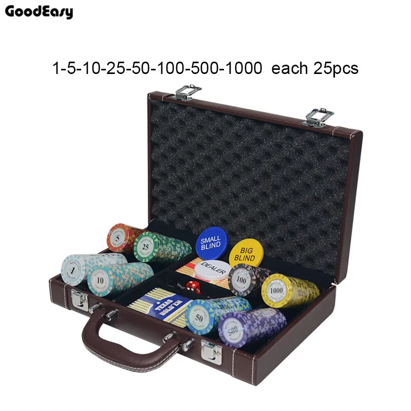 

Casino Texas Hold'em Clay Poker Chips Sets PU Suitcase Bingo Metal coins with Box &Playing cards&Dealer Buttons&Dices