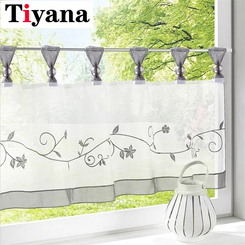 

Kitchen cabinet curtains Transparent Ball Floral Embroidered Sheer Voile Curtain Drapes Scarf for Kitchen Room Cafe DL008D3