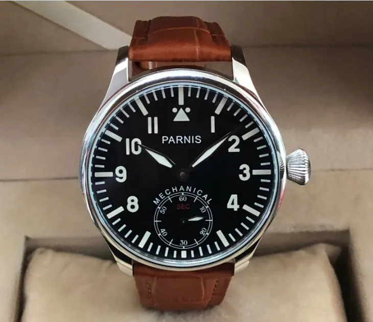 

Sapphire crystal or mineral glass 44mm PARNIS Black dial 6498/3621 Mechanical Hand Wind movement luminous men's watch pa150-p8