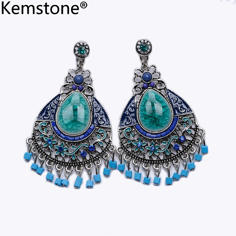 Kemstone Ethnic Bohemia Alloy Water Drop Hollow-out Green/Brown Rhinestone Dangle Earrings Jewelry Gift For Ladies | Украшения и