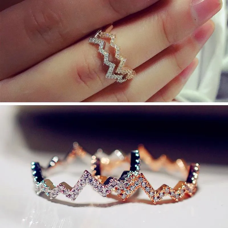 

Korean Female Crystal Wave Ring With Zircon Stone Silver Rose Gold Color Small Finger Ring Promise Engagement Rings For Women
