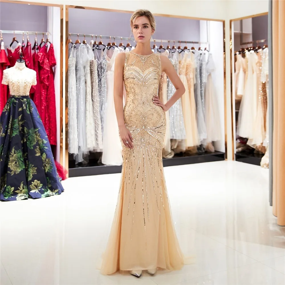 

Backlakegirls Vestido De Festa Mermaid Pearls Long Evening Dress Vintage Sleeveless Lace Evening Dresses Crystal New Pattern2018