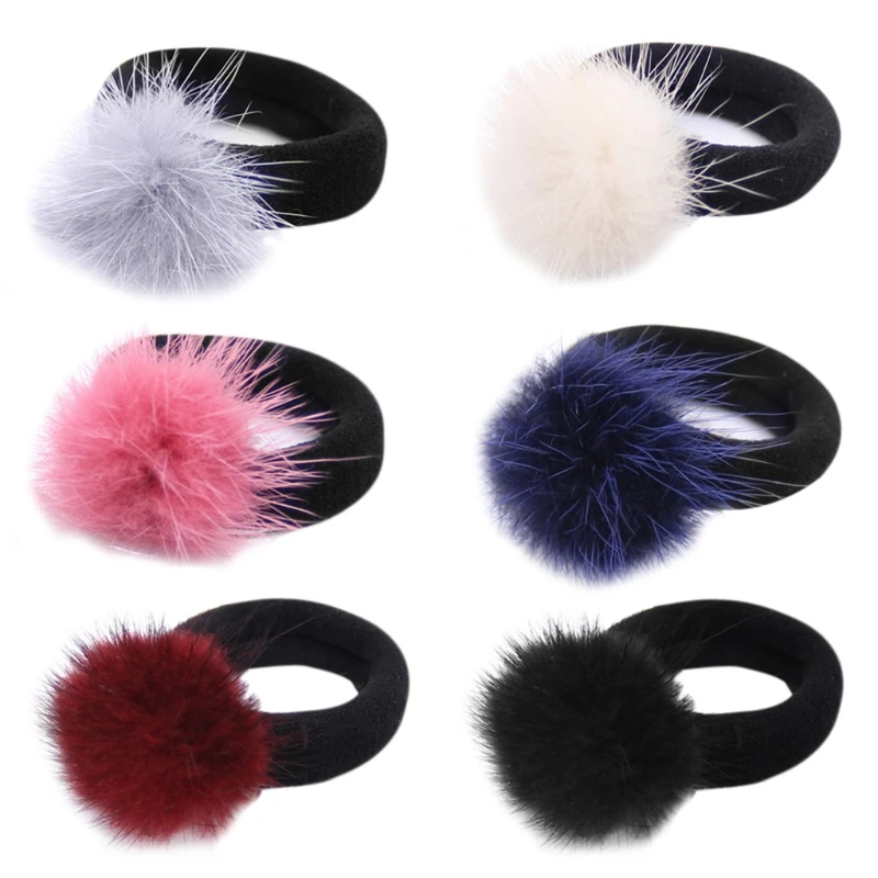 

Fashion Woman Hair Accessories Headband Mink Fur Pompom Ball Hair Ropes Ponytail Holder Elastic Ties