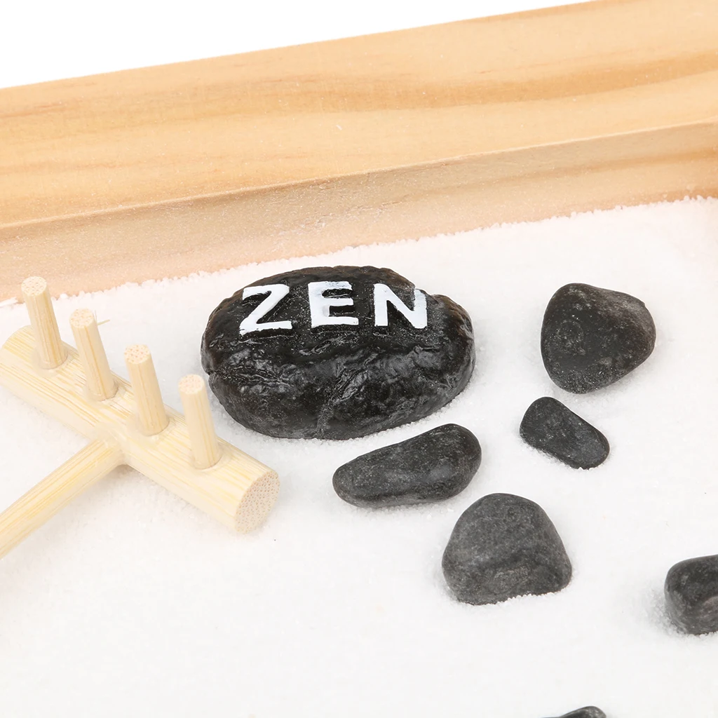 Table Desk Zen Garden Sand Wood Tray Natural Stones Rake Meditation Craft Home Table Decor Miniature 