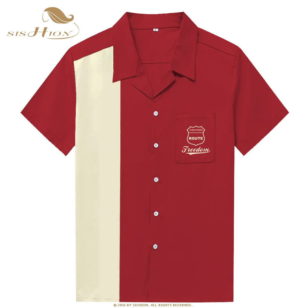 

SISHION Rock Vintage Men Shirt Short Sleeve ST126 Cotton L-3XL Retro Bowling camiseta hombre Plus Size Red shirt men