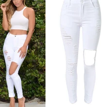 Большие размеры женские белые с высокой талией состаренные Длинные Голубые Джинсы Брюки Модные Узкие рваные, Стретч дырявые узкие джинсы узкие брюки
