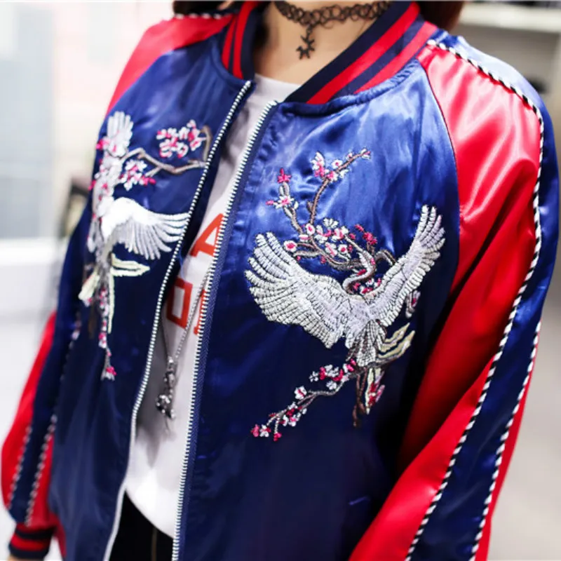 

Chic Couples Flower Yokosuka jacket baseball Coat Pilot Uniform Crane embroidery Zipper Contrast colors jacket Cardigan Tops