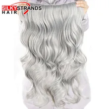 Extensions synthétiques de brins soyeux à Clip, postiche grise ondulée, 24 pouces, 60cm, fausse pièce, 190g