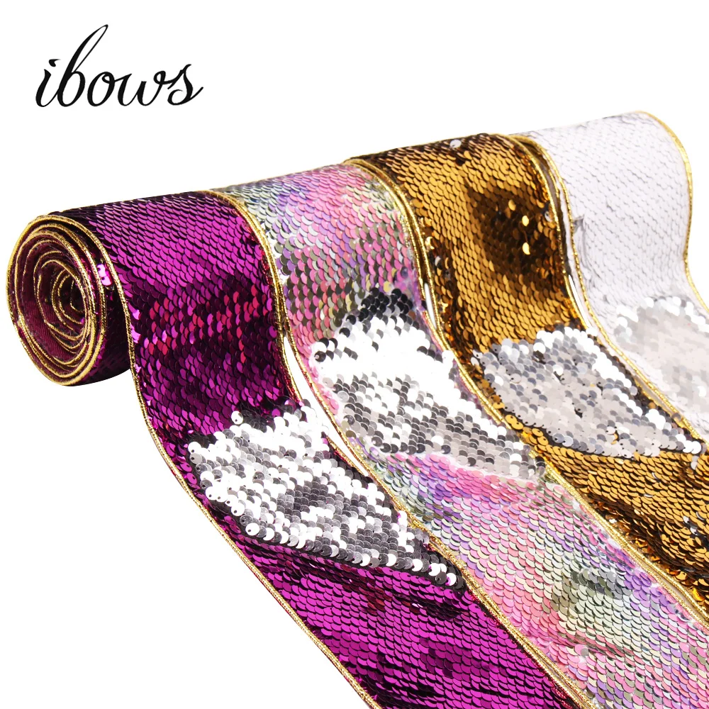 

IBOWS 75mm 2Yards Reversible Sequin Ribbon For Crafts Gold Line Edge Tape For Needlework Handmade Hair Bows DIY Crafts Supplies