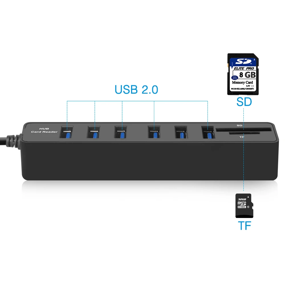 6 портов USB хаб комбо 2 0 Micro Card Reader SD/TF высокоскоростной Мульти разветвитель все в
