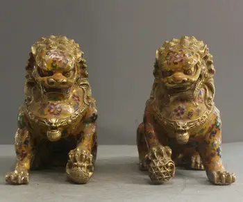 

10" China Cloisonne Art Sculpture Two Lions Guardian Beast Bronze Statue