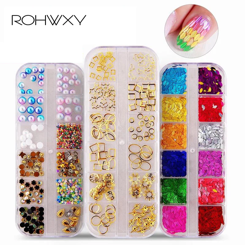 

ROHWXY 1 Box Glass Nail Rhinestones Multi Size Mixed Colors Nail Art Decorations AB Crystal Strass 3D Charm Gems DIY Manicure