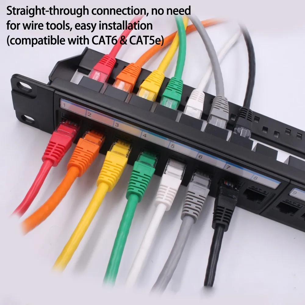 Новый 19 дюймовый 1U стеллаж 24 порта прямой через CAT6A патч панель RJ45 сетевой кабель