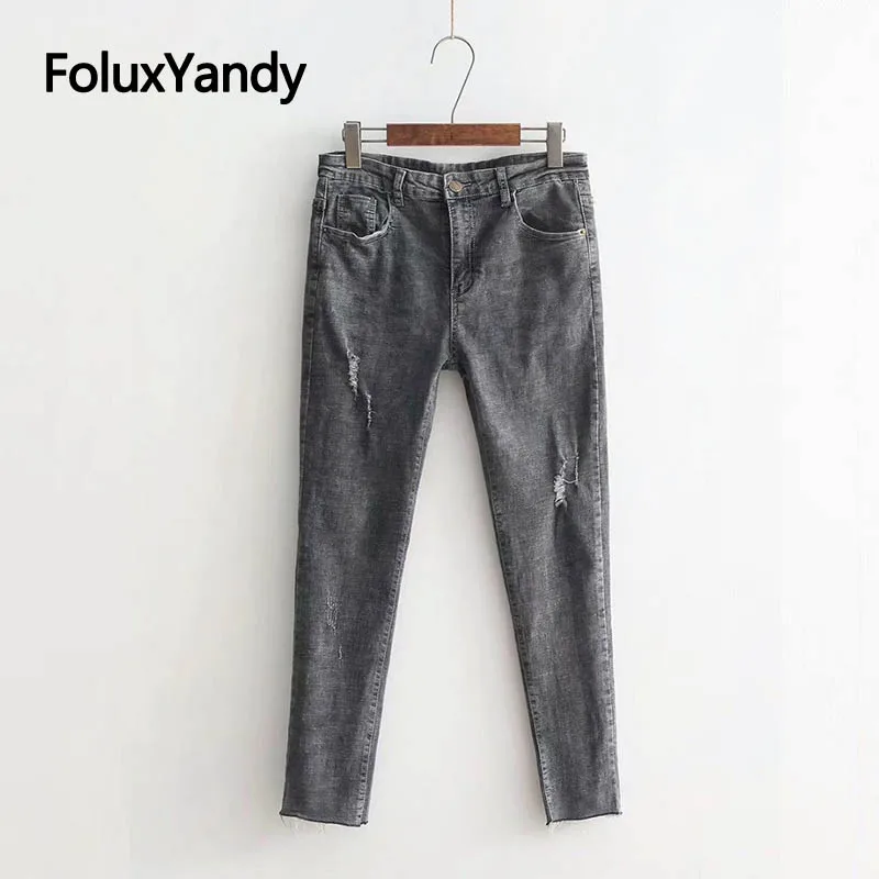 

Casual Ripped Jeans Women Stretched Pencil Pants Slim Skinny Plus Size Jeans Gray Trousers KKFY2840