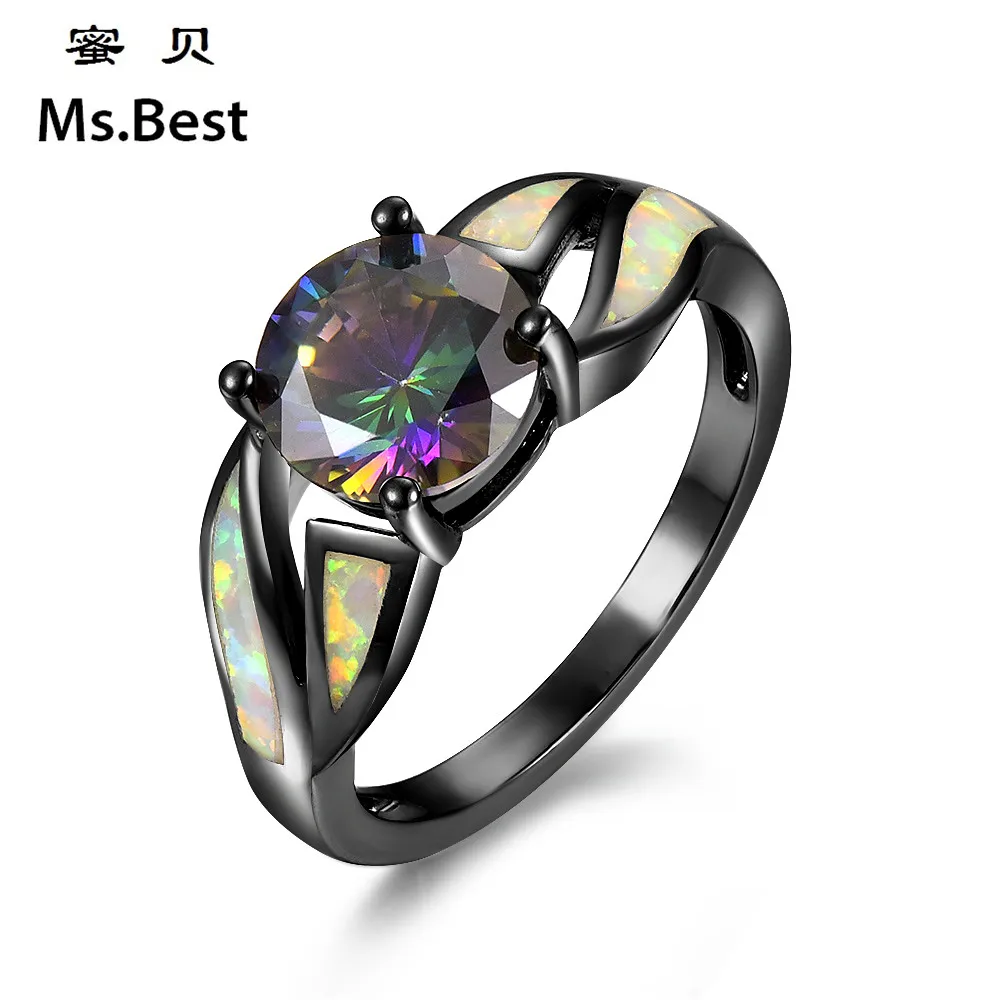 

MsBest Colorful Crystal women rings black gold filled Cocktail Ring Summer fashion fine opal jewelry Rainbow stone full size 5.5