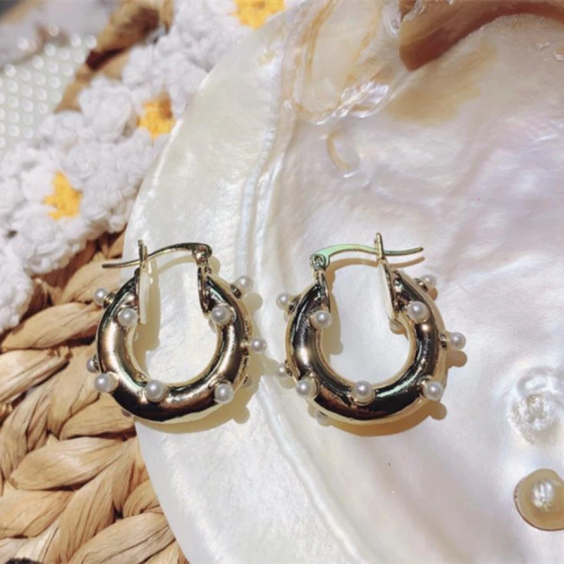 HZ элегантный дизайн золотой медный металлический имитация жемчуга круг обмотки кольцо для пирсинга серьги для женщин Девушка Вечерние