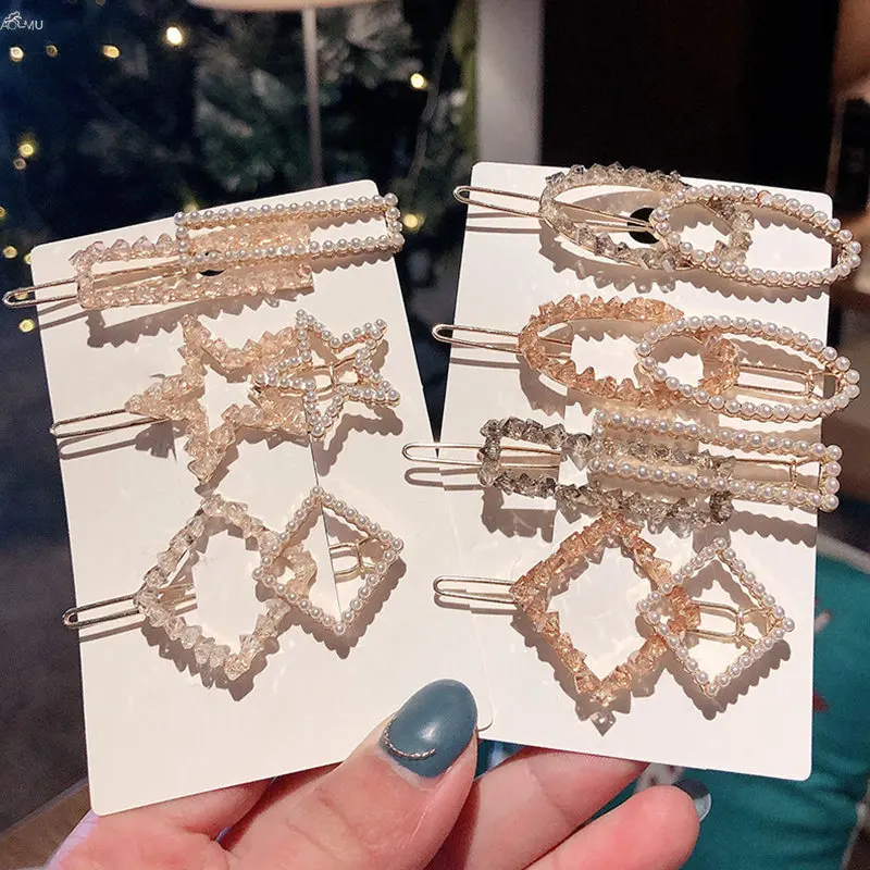 

AOMU 2019 Korea Geometric Oval Star Crystal Hairpins for Women Hair Clips Imitiation Pearl Fashion Party Jewelry Gifts