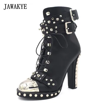 

JAWAKYE Silver Metal Chunky High Heel Punk Motorcycle Boots Woman Back Lace up Platform Rivets Studded Ankle Boots for Women