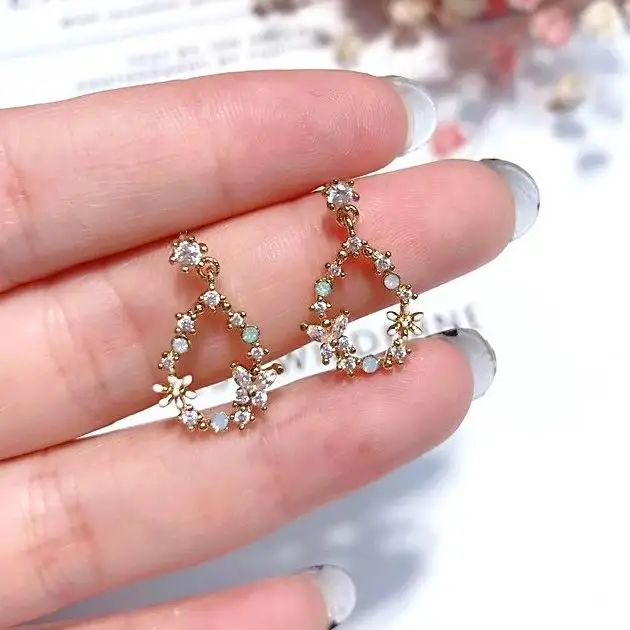 

MENGJIQIAO 2018 New Hollow Water Drop Shape Shiny Zircon Earrings For Women Cute Butterfly Flower Delicate Boucle D'oreille Gift