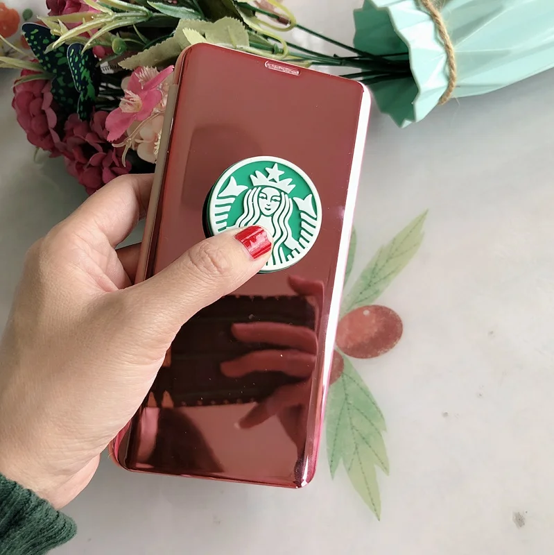 View Smart Mirror Flip Case For iPhone XR XS MAX X 8 7 6 6S Plus Starbuck Case Galaxy S10 S9 S8 A6 A8 A7 J4 J6 Plus 2018 Note 9