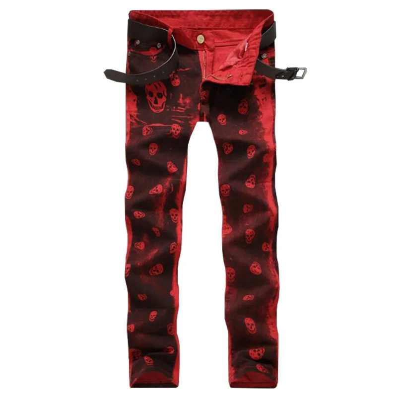 

2019 New Dropshipping Men Jeans Red White Skull Pattern Printed Punk Slim Fit Motorcycle Biker Jeans Skinny Cotton Denim Pants