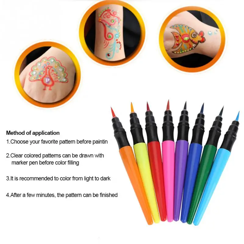 8 stücke Körper Malerei Pinsel Pen-Set Tattoo Tinte Künstlerischen Aquarell Zeichnung Stift Halloween Körper Malerei Stift