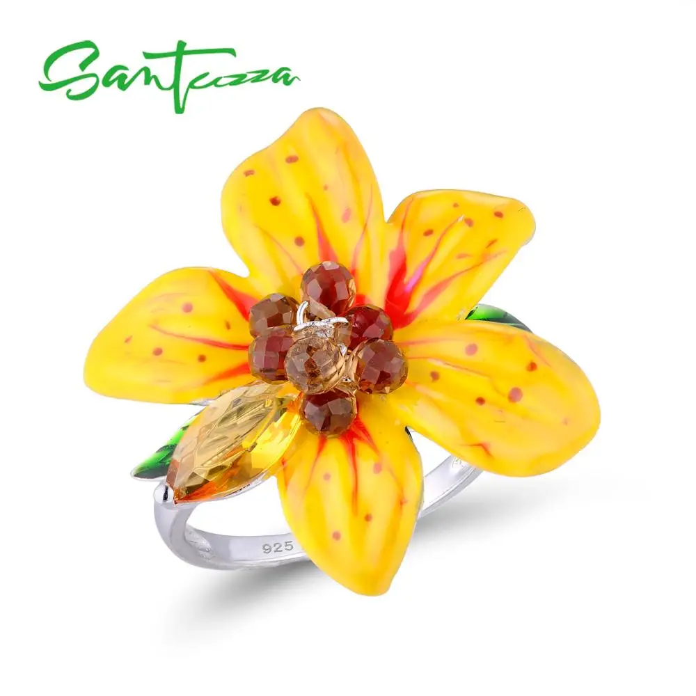

SANTUZZA Silver Ring For Women 925 Sterling Silver Dazzling Yellow Big Flower Fantastic Ring Party Chic Jewelry Enamel Handmade