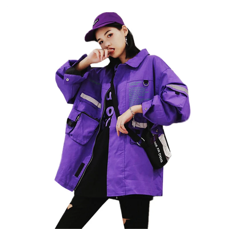 

Female Autumn New Coat Turn Collar Long Sleeve Violet Jackets Harajuku Fashion Letter Print Plus Size Loose Ladies Overcoats Z91