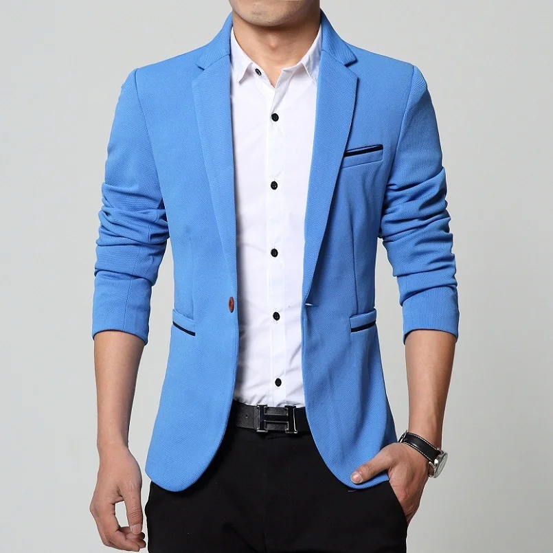 Новинка весенний модный брендовый блейзер мужской повседневный пиджак для вечеринки, мужской приталенный трендовый хлопковы - Цвет: light blue 6806