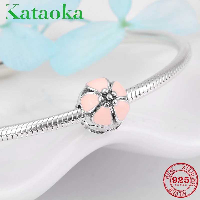 

Authentic 925 Sterling Silver charms clips lock beads pink enamel flower Safety Stopper Fit Original Pandora Charm Bracelet