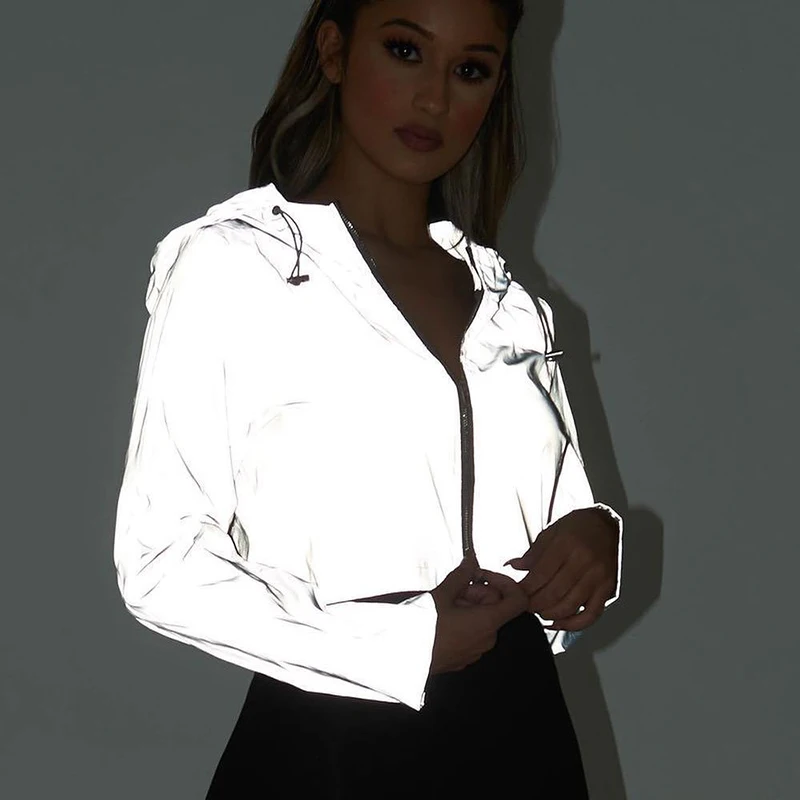

ZHYMIHRET 2019 Spring New Reflective Female Jacket Casual Sport Hooded Short Coat Women Crop Top Casaco Feminino Manteau Femme