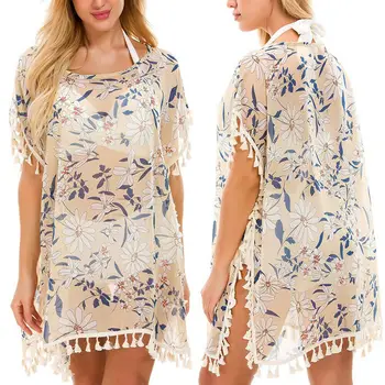 

Women Summer Chiffon Tassel Swimwear Cover Up Boho Beach Floral Print Bikini Bathing Loose Beach Dress