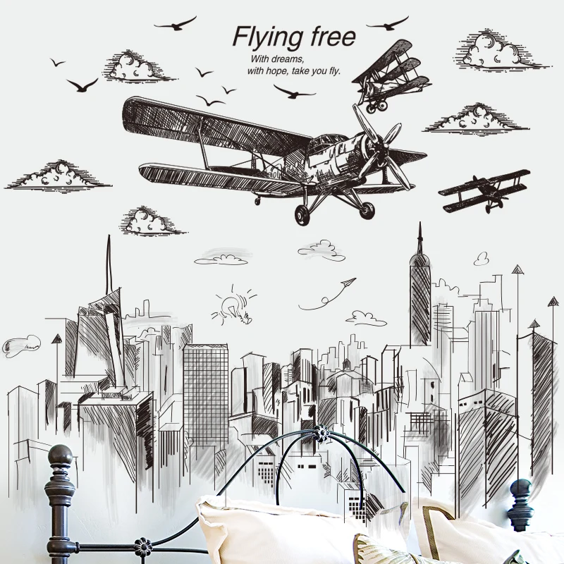 

[SHIJUEHEZI] Sketch Type Airplane Wall Stickers PVC DIY Tall Buildings Mural Decals for Living Room Bedroom House Decoration
